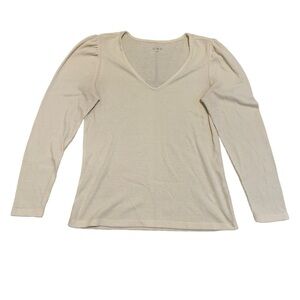Cleo White Ribbed V-Neck Long Sleeve Top - Size Medium